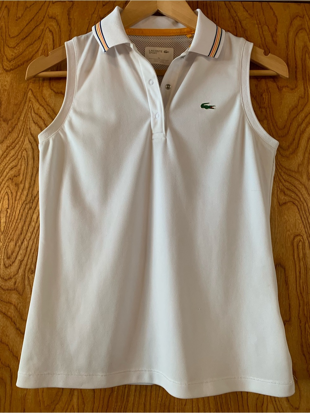 Lacoste White Polo Shirt with Yellow and Black Stripe Collar